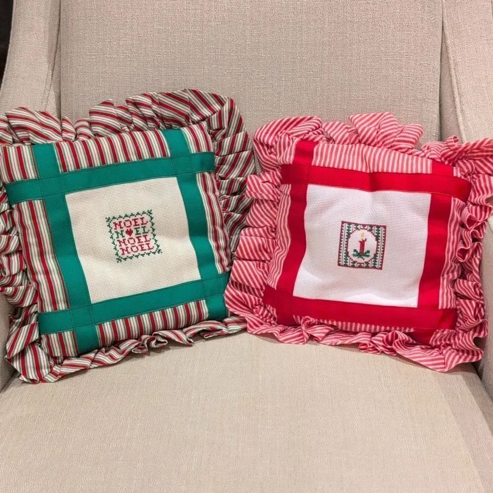 Handcrafted Festive Red and Green Ruffled Cross-stitch Holiday Pillows Set of 2